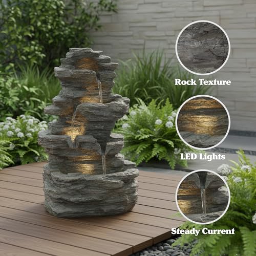 4-Tier Tabletop Rock Waterfall Fountain with LED Lights, Gray Polyresin