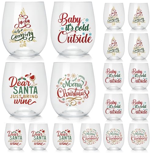 Yiyiring 12 oz Christmas Plastic Stemless Wine Glasses - 24 Pack, Holiday Party Drinkware