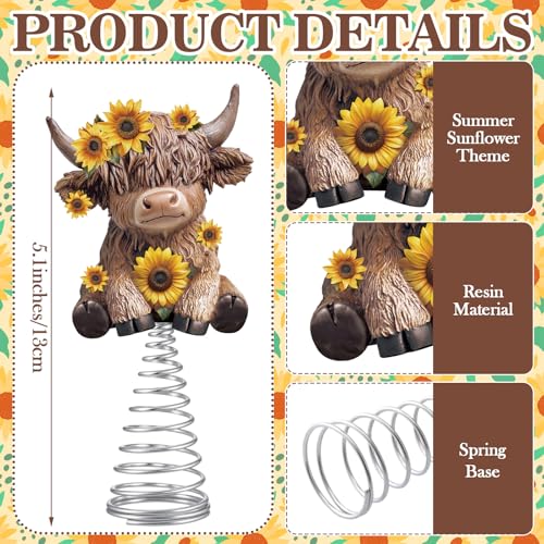 Sunflower Highland Cow Miniature Tree Topper - 5.1" Resin Spring Base Decor