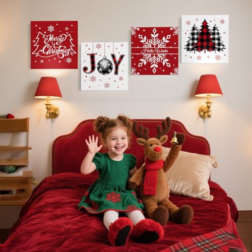APJYM Red Buffalo Plaid Christmas Wall Art - Framed 11x14, Set of 4 (RESD19) Farmhouse Holiday Decor