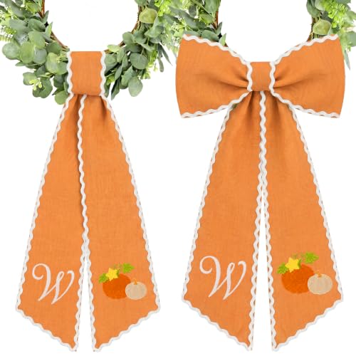 Monogrammed Fall Wreath Sash - Letter W Orange Bow Ribbon Decor (2 Pack)