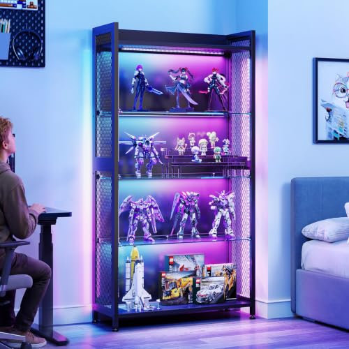 4-Tier Industrial Display Cabinet with Tempered Glass Shelves and RGB Lighting