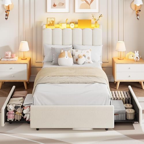 Twin Size Platform Bed Frame with Storage Drawers, LED Headboard & Boucle
