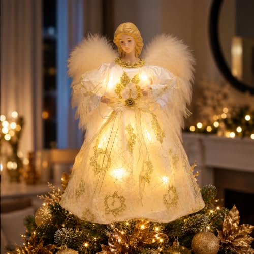 Vertintong Cute Style 16-Inch Lighted Angel Christmas Tree Topper - White Angel Decor