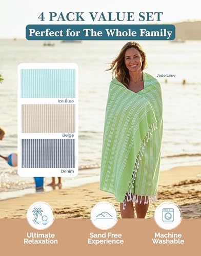 Oversized Turkish-Style Beach Towels, 39"x71" Cotton Blend, 4-Pack
