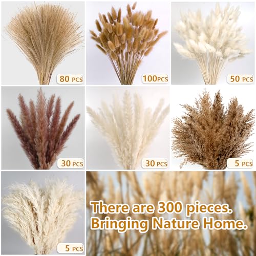 300 PCS Dried Pampas Grass and Flower Bouquet Set for Boho Home Decor