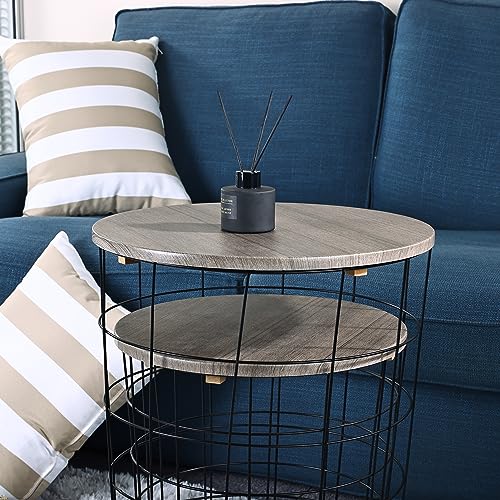 Nesting Side Table Set of 2 with Wire Basket Base and Wood Top