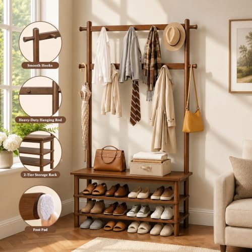 Solid Wood Hall Tree with Bench and Shoe Rack, 11-Hook Entryway Organizer