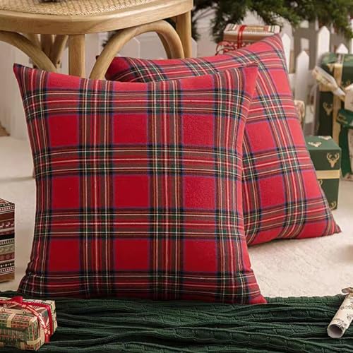Red Checked Plaid Throw Pillow Covers 17" Square Set of 2 Fall Holiday Home Decor