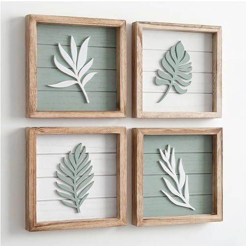 3D Sage Green Botanical Wall Art Set, 7x7 Framed Leaf Decor, 4-Piece