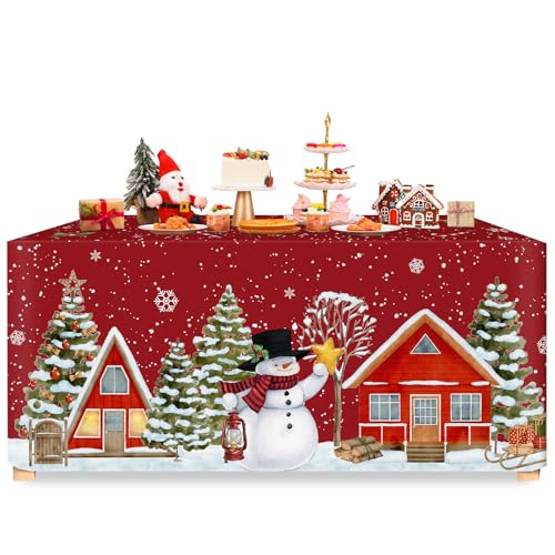 VitalCozy 72x30 Inch Christmas Rectangle Fitted Tablecloth – Winter Snowman Variation
