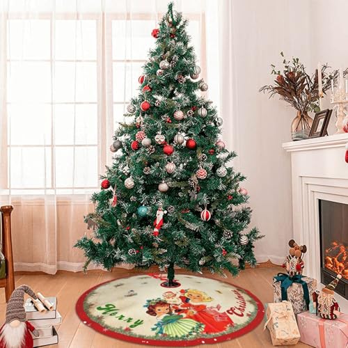 48-Inch Vintage Red Christmas Tree Skirt - Santa & Snowflake Mat