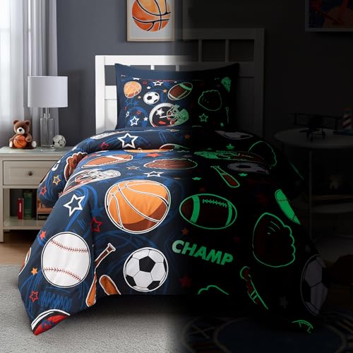 Glow in the Dark Sports Ball Twin Comforter Set - 5-Piece Boys Bed in a Bag