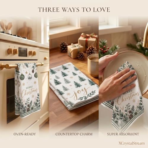 Sage Green Christmas Kitchen Towels Set of 2 - Holiday Decorative Dish Towels