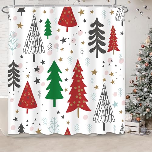 Cnayuep Red-White Christmas Shower Curtain Set 72x72 inches Waterproof Holiday Bathroom Decor