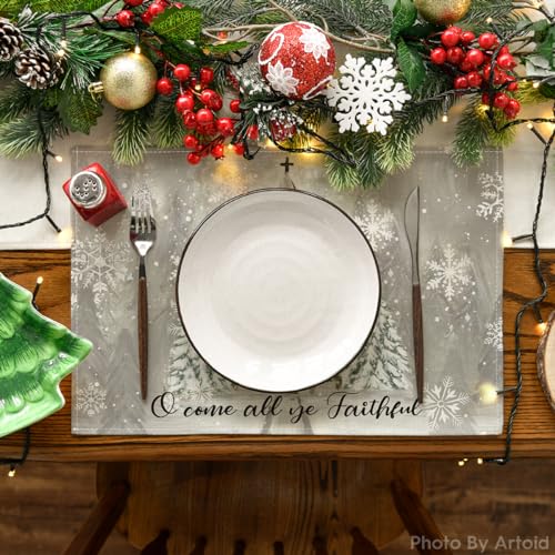 Artoid Mode 12" x 18" Placemats Set of 4 - Christmas Snowflake & Merry Xmas Decor, 100% Polyester
