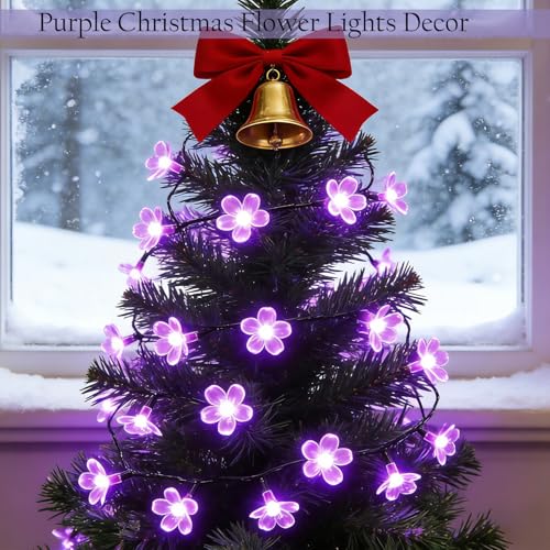 33ft Purple Flower String Lights with Black Wire, 100 LED, IP44 Outdoor Decor