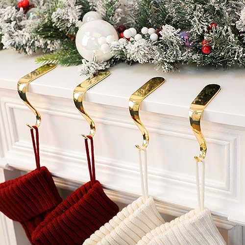 Gold Christmas Stocking Holders for Mantel - Non-Slip Metal Hooks (Set of 4)