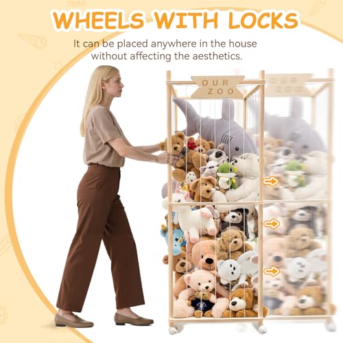 Wooden Stuffed Animal Storage Zoo with Wheels - Large Toy Organizer Cage