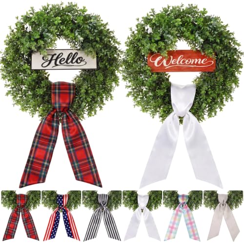 24-Inch Artificial Boxwood Wreath with 6 Sashes Front Door Decoration