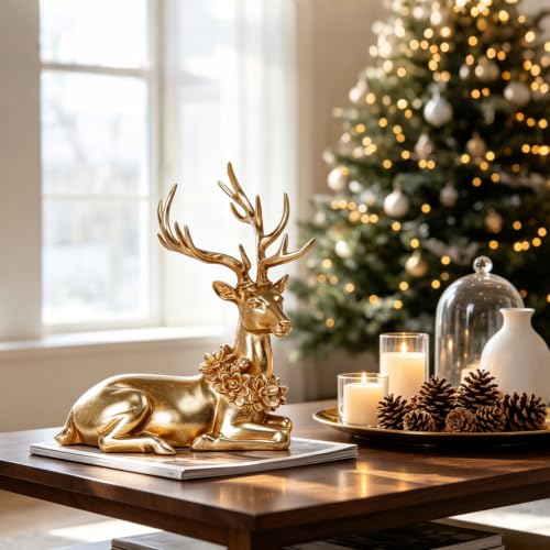 Gold Sitting Deer Figurine - 10 Inch Holiday Home Decor Ornament