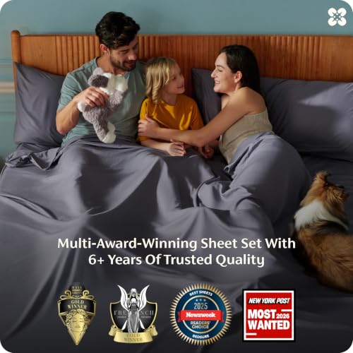 Bedsure Bamboo Queen Sheet Set - Cooling Silky Soft Bed Sheets, Dark Grey