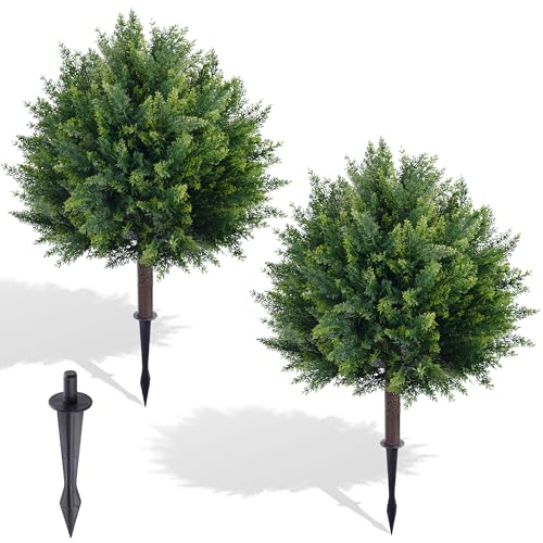 24.8-Inch Artificial Cedar Topiary Ball Trees - Set of 2 UV-Resistant Faux Cypress Bushes for Outdoor Patio and Garden Decor