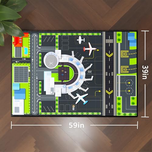Airport Play Rug for Kids - 39x59 Inch Non-Slip Airplane City Traffic Mat