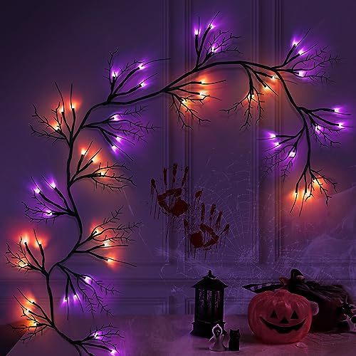 6ft Halloween Willow Vine Lighted Garland with 54 Orange & Purple LEDs