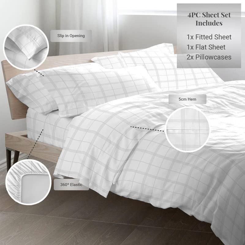 Pizuna Cotton Sheets King Size, 300 Thread Count Long Staple Cotton Soft Sateen with 15" Deep Pocket (Combed Checks Luxury White)