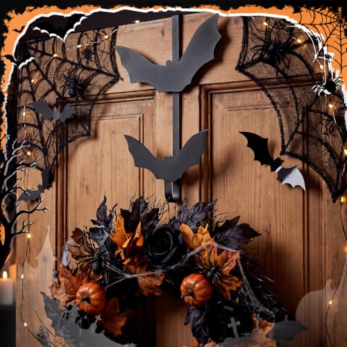 Halloween Bat Wreath Hanger - Over The Door Black Metal Hook (12 Inch)