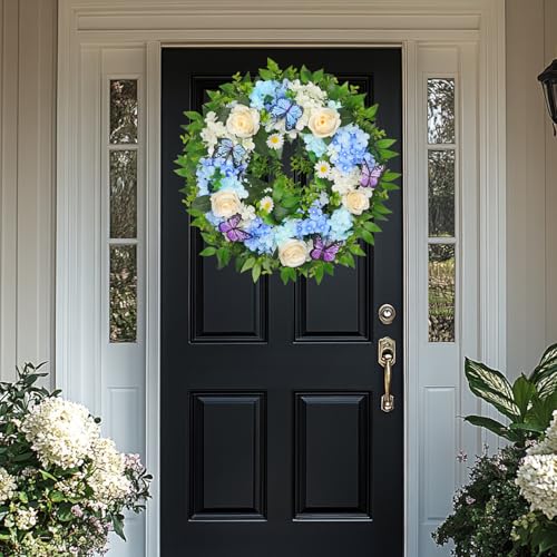 24-Inch Lighted Spring Hydrangea Wreath with Timer for Front Door Decor