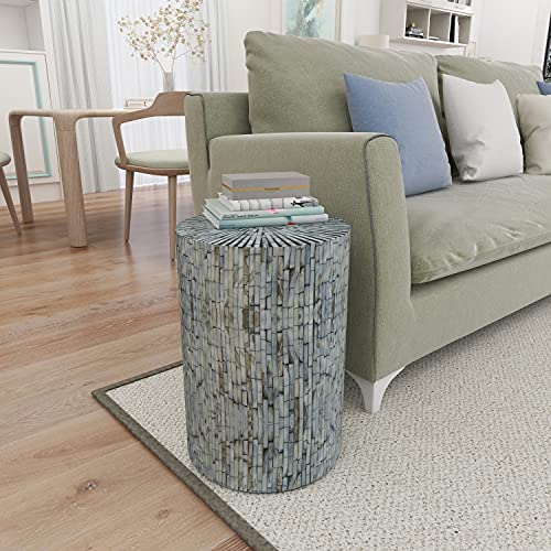 Mother of Pearl Mosaic Side Table, Light Blue Round Accent Table 20-inch
