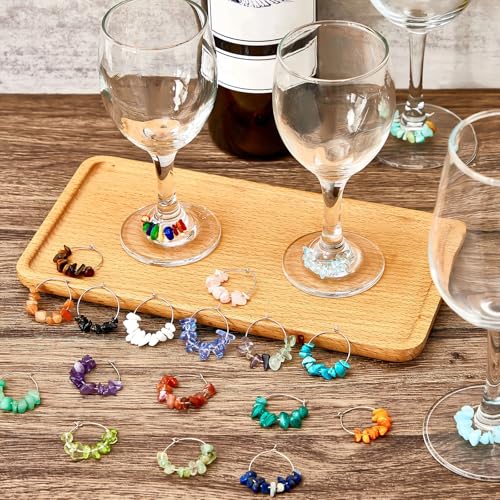 Leinuosen 24 Pcs Wine Glass Charms with Gemstone Beads Drink Markers