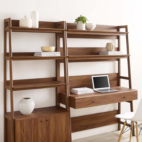 2-Piece Mid-Century Modern Home Office Desk and Bookshelf Set in Walnut
