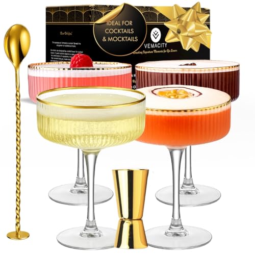 VEMACITY Set of 4 10oz Ribbed Espresso Martini Glasses with Gold Rims | Vintage Cocktail Coupe Glassware for Margaritas & More
