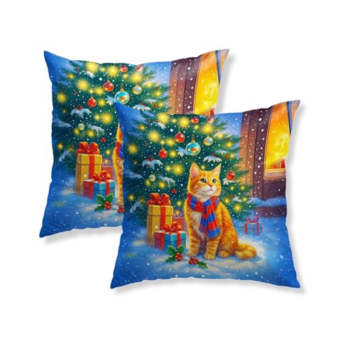HOMETITUTE Christmas Cat Throw Pillow Covers Set of 2 18x18 Inches - Winter Holiday Decor