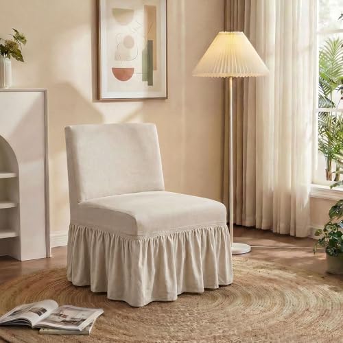 Beige Armless Chair Cover with Skirt - Stretch Slipcover for Living Room