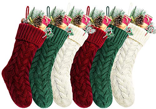 18-Inch Cable Knitted Christmas Stockings - 6 Pack Rustic Holiday Decor
