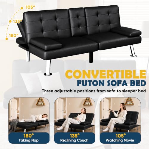 Adjustable PU Leather Futon Sofa Bed with Cup Holders and Armrests