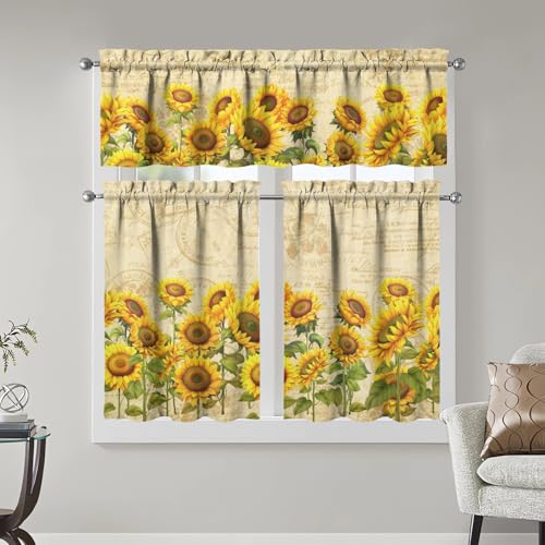 Sunflower Kitchen Curtains 3 Piece Set | Valance & Tier Panels