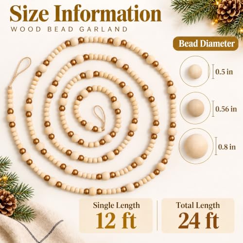 CRTEPST 2-Pack Christmas Wood Bead Garland 24 ft, Gold Wooden Beads, Rustic Boho Holiday Decor
