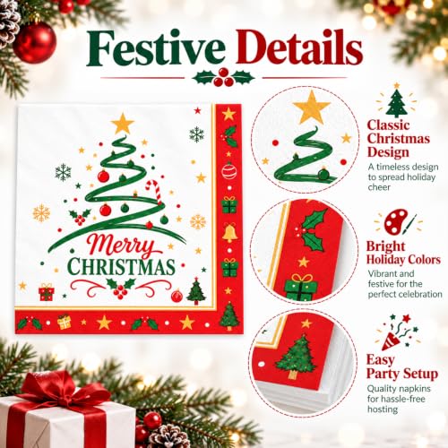 Christmas Tree Party Napkins - 50 Pack, 6.5 Inch Holiday Cocktail Paper Napkins