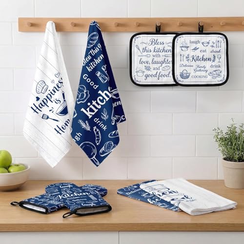 8-Piece Navy Blue Kitchen Decor Set: Dish Towels, Oven Mitts, Pot Holders