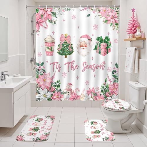 Pink Christmas Shower Curtain Set Santa Claus Holiday Bathroom Decor 72x72 inches