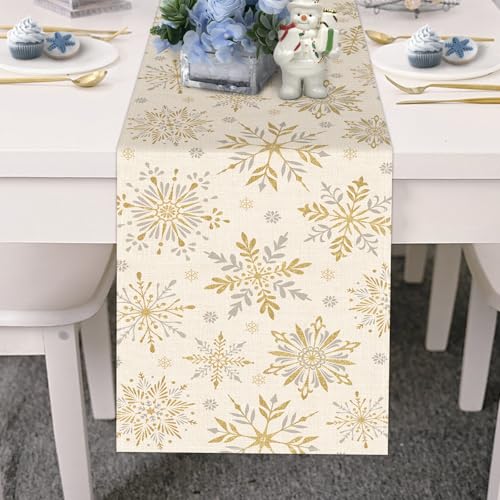 Winter Gold Snowflake Table Runner - Burlap & Glitter Gold Decor 13" x 72"