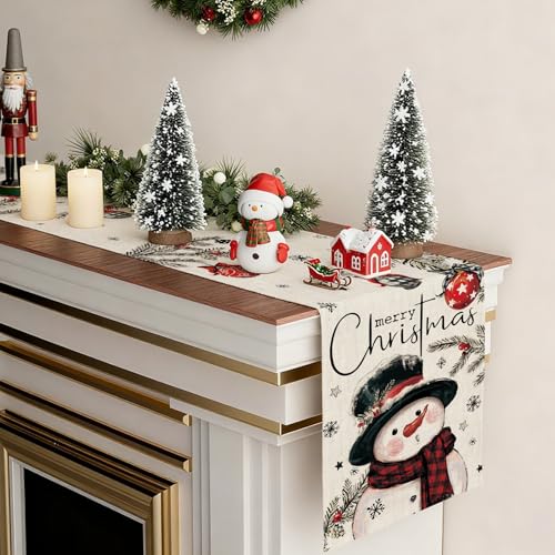 OTOSTAR Christmas Table Runner 13x120 Inch Snowman Pine Red Holiday Farmhouse Decor