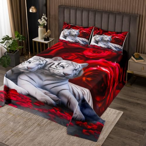 Tiger and Floral Queen Bedspread Set - 3-Piece Lightweight Quilt Coverlet