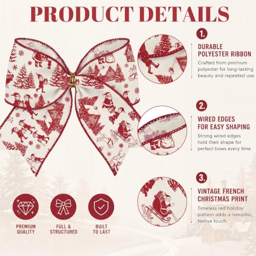 Realspring 12-Pack 6.3in Red Santa Toile de Jouy Christmas Bows - French Sketch