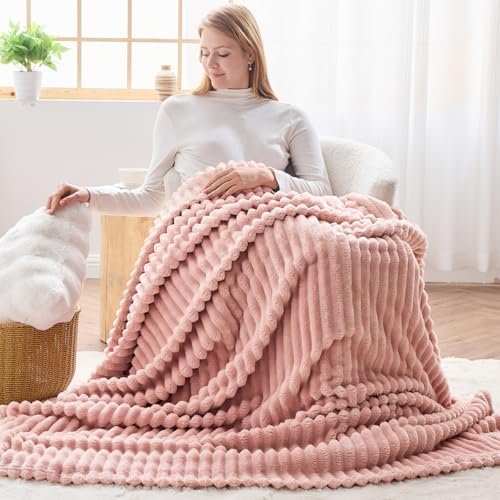 NEWCOSPLAY Pink Ribbed Fleece Throw Blanket 50x60